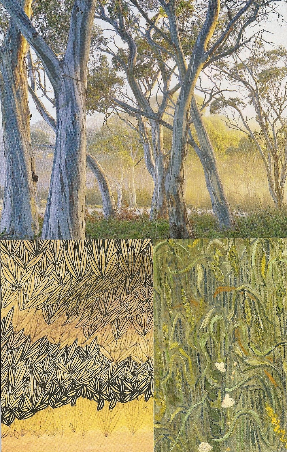 A collage image of eucalyptus trees in in the mist, patterned leaves drawn in ink and a wheat field painted in impressionist style.