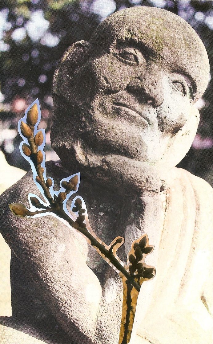 A collage image of a stone monk looking contemplative with the buds of a magnolia tree spreading across and up towards the sky.